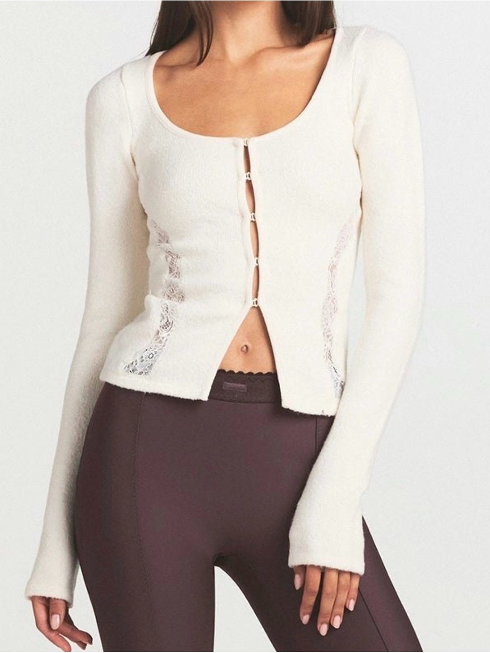 SKIMS Cream Lace-Trim Hook-Front Long Sleeve Cardigan